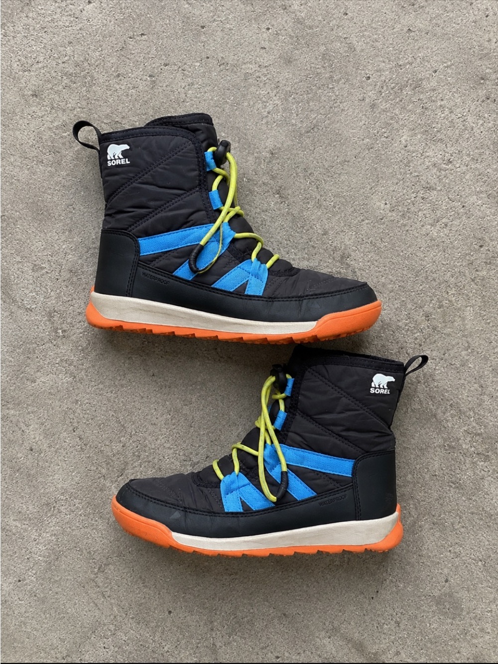 Sorel Whitney II Waterproof Youth Winter Boots Black Blue Orange Faux Fur Size 4